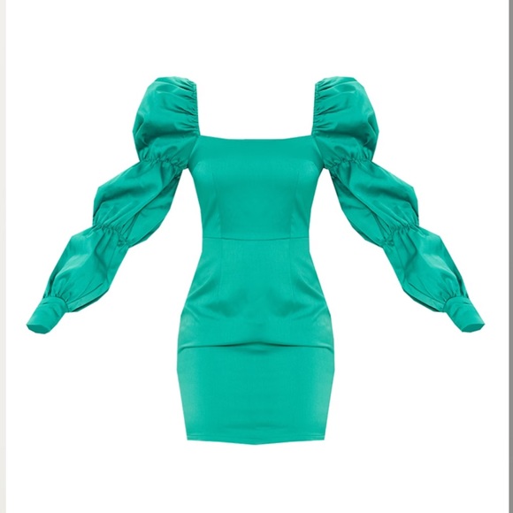 PLT Satin Puff Sleeve Bodycon Dress - Emerald Green - Picture 3 of 9